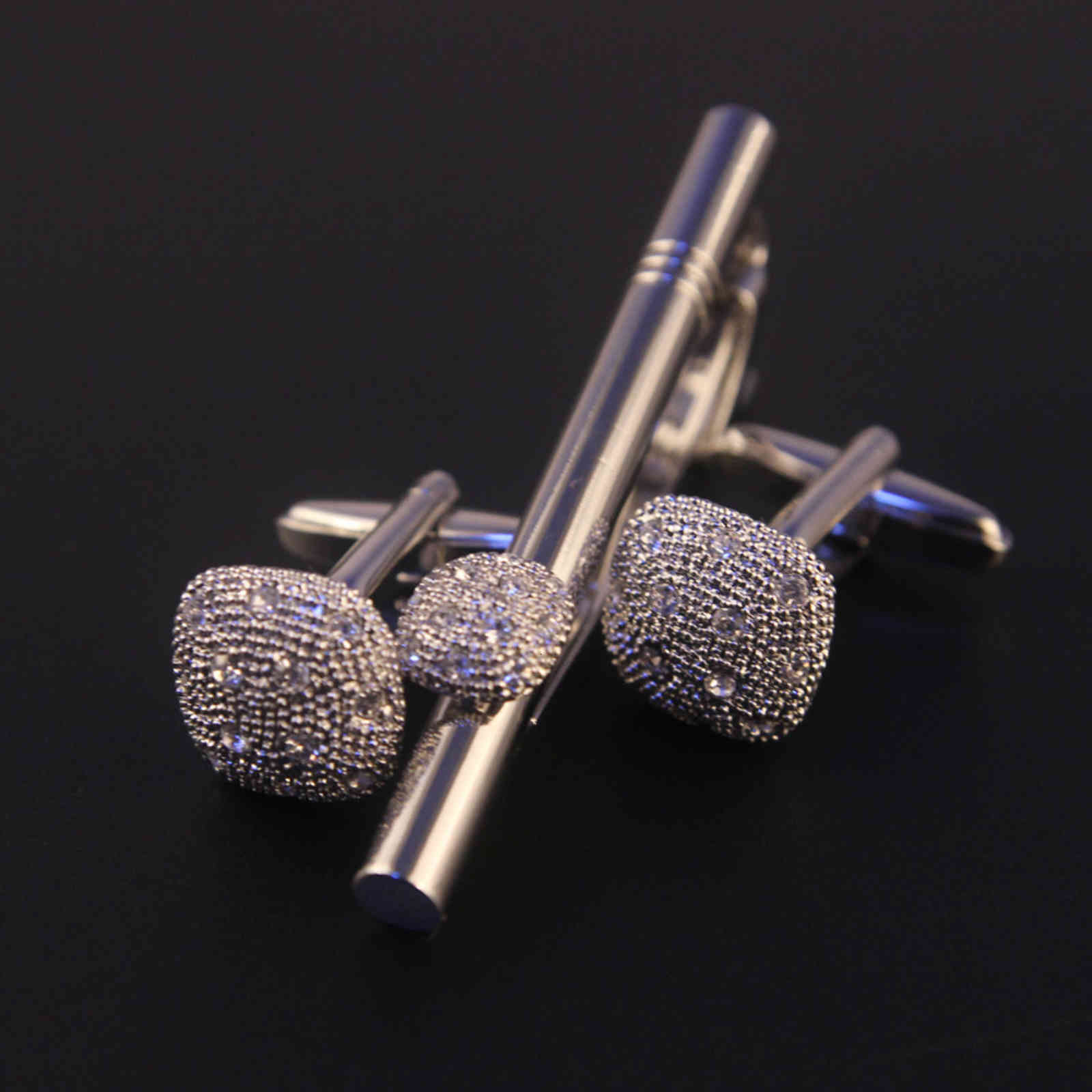 Men's Diamond Inlaid Silver Gold Tie Clip Metal Cufflinks 2-piece Set Boutique 5