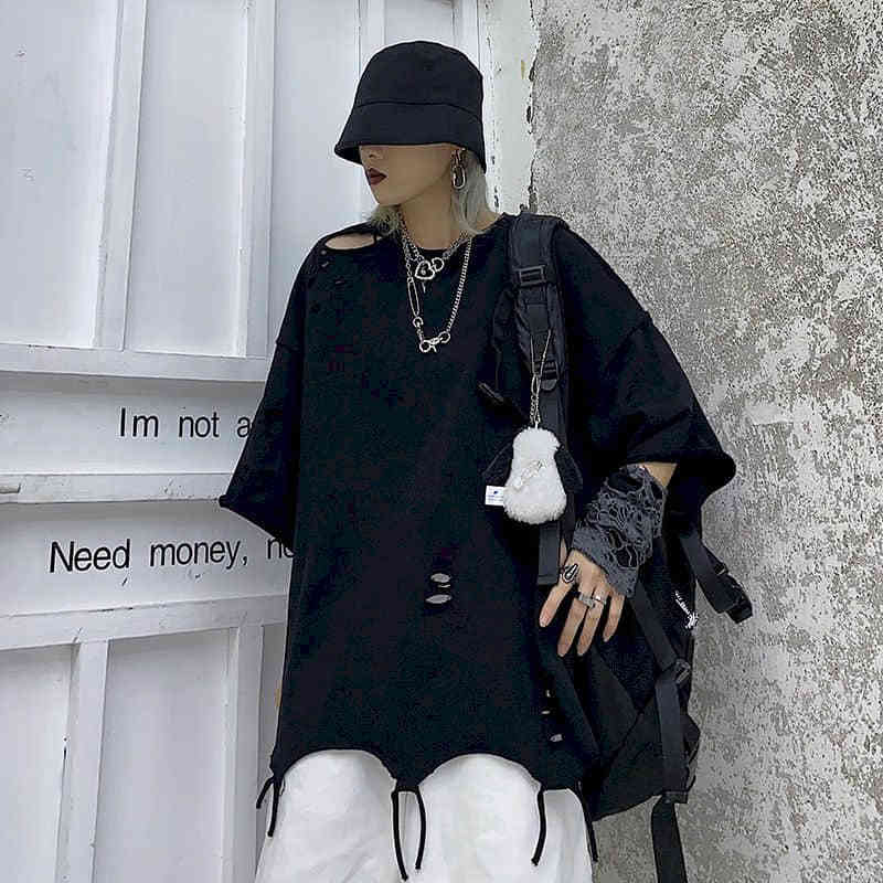 female punk ins couple solid color short sleeve hole student bf harajuku wild style shirt loose superior tide 4mlx, White
female punk ins couple solid color short sleeve hole student bf harajuku wild style shirt loose superior tide 4mlx, White