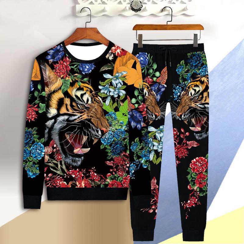 men's sportswear suit male 3D bull head short-sleeved casual slim T-shirt trousers 2-piece set 3D tiger print T-shirt pants 201210