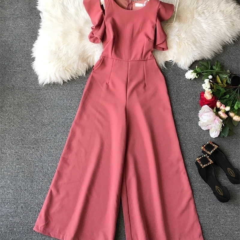 Summer Elegant Jumpsuits Women Slim High Waist Ruffle Sleeved Irregular Strapless Playsuits Womens Casual Wide Leg Black Romper T200509