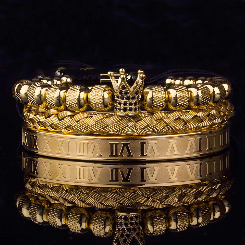 3pcs Luxury Roman Royal Crown Charm Bracelet Men Stainless Steel Geometry Pulseiras Men Open Adjustable Bracelets Couple Jewelry