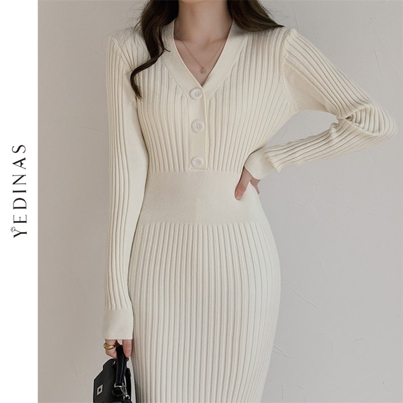 

Yedinas Korean Sweater Dres Knitted Sweaters Dresses V-neck Bodycon Midi Button Decor Slim Long Sleeve Vestidos Elegantes 211110, Black