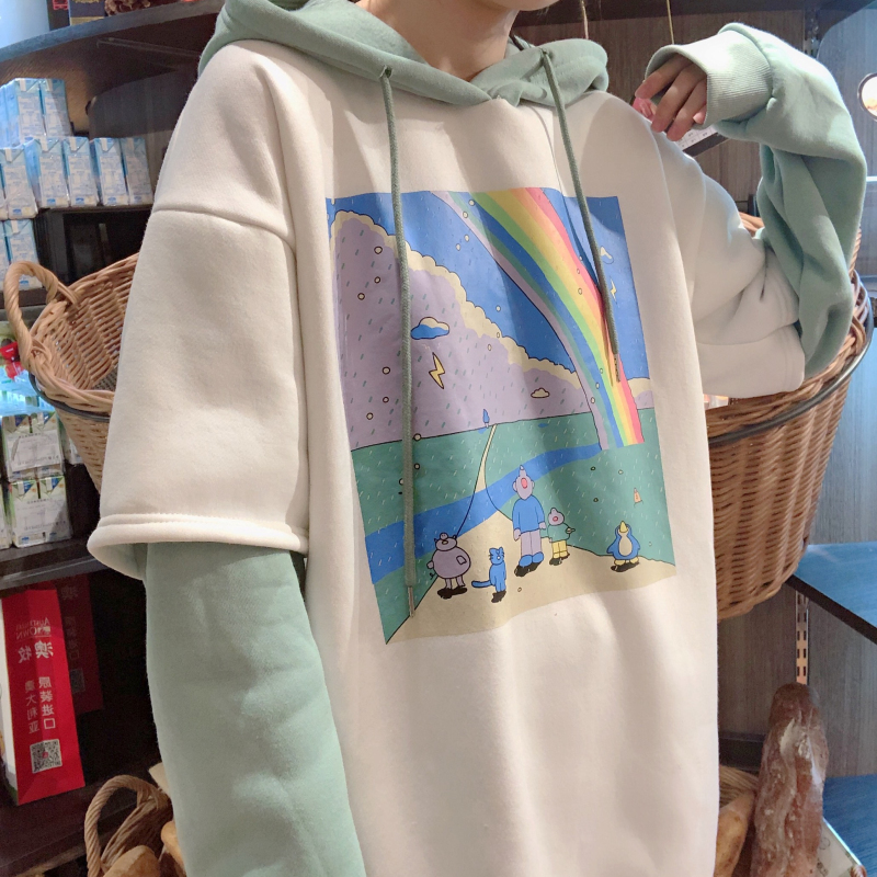 oversized Hoodies Women Printed Patchwork Hoody Simple Thicker Loose Simple Korean Style Drawstring Womens Streetwear Hoodie 201102