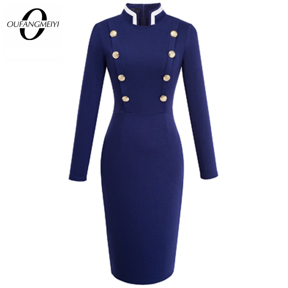 Women Vintage Autumn Winter Long Sleeve Navy Blue Stand Collar Double-Breasted Button Business Work Bodycon Pencil Dress EB410 201008