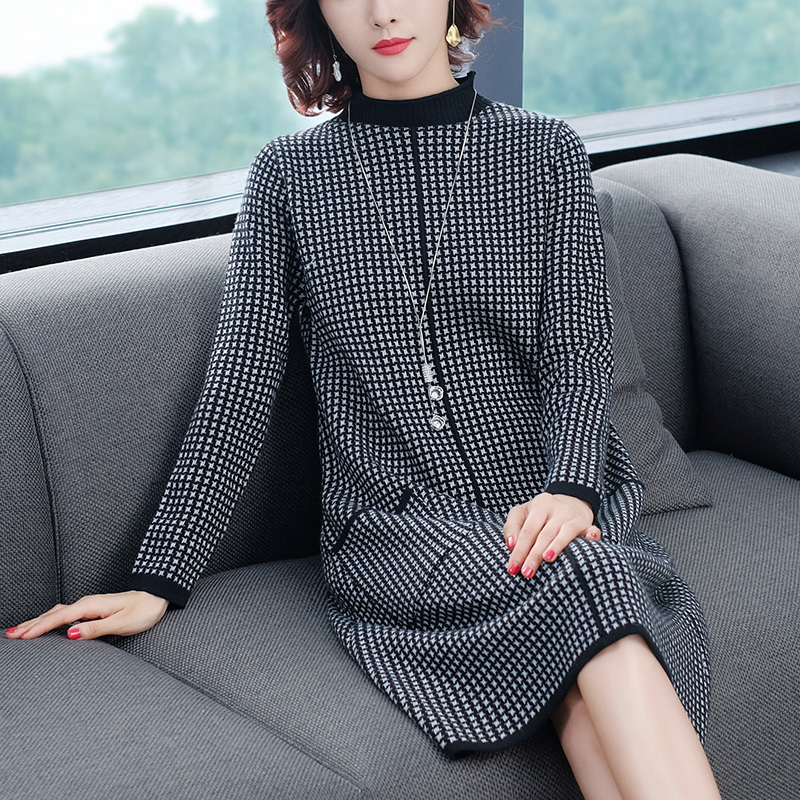 Winter Vintage Casual Plaid Midi Cashmere Sweater Dress Autumn 3XL Plus Size Long Sleeve Elegant Bodycon Women's Turtleneck 210218