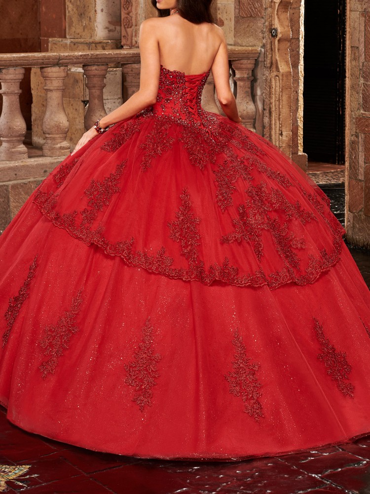 Carmina Quinceanera Dresses In Champagne Gold, Red Color Prom Gowns Floral Applique with Beaded Sequins Classic Tonal Embroidered Tulle