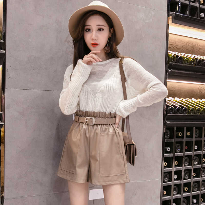 Fashion High Waist Shorts Girls A-line Elegant Leather Bottoms Wide-legged Autumn Winter Women 6312 50 210714