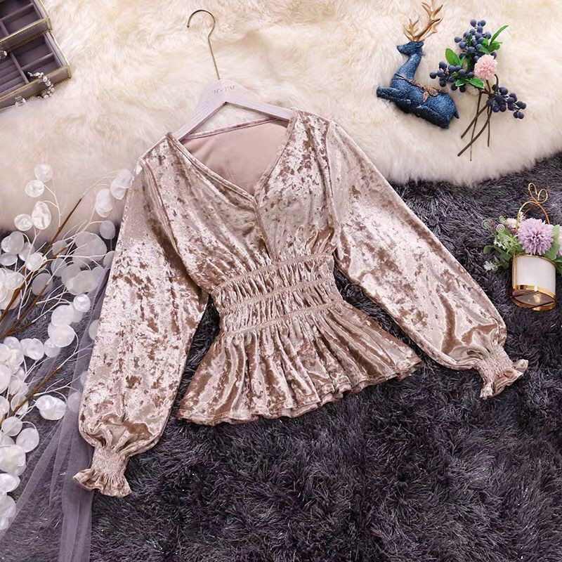 Sexy V-neck Slim Waist Women Tops Fashion Velvet Blouse Spring Long Trumpet Sleeve Ruffle Clubwear Basic Shirts Casual Clothes 210225