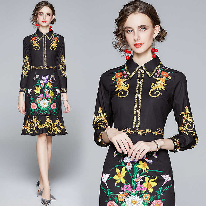 Autumn Women Printed Shirt Dress Black Sexy Female Elegant Slim Turn-Down Collar Long Sleeve Party Fishtail Dresses Vestidos 210525