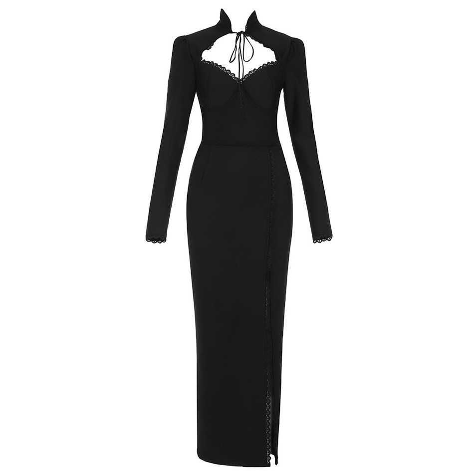 Winter Women'S Fashion Sexy Tight Black High-Neck Hollow Long-Sleeved Split Long Celebrity Party Dress 210525