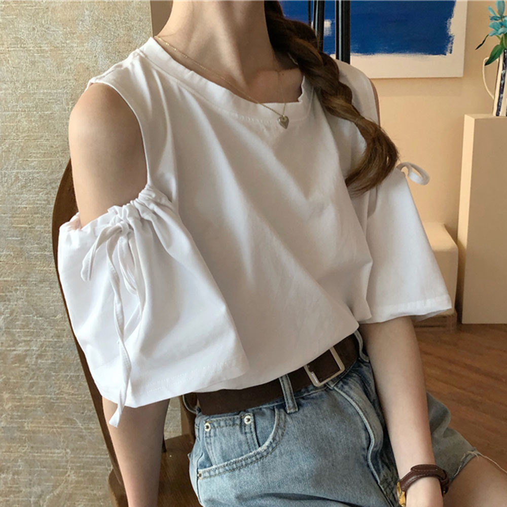 Summer White Cold Shoulder T Shirts Women Casual Cute Half Sleeve Top Tees Kawaii Ladies Solid Japan Korean Tshirt Woman Loose T200614