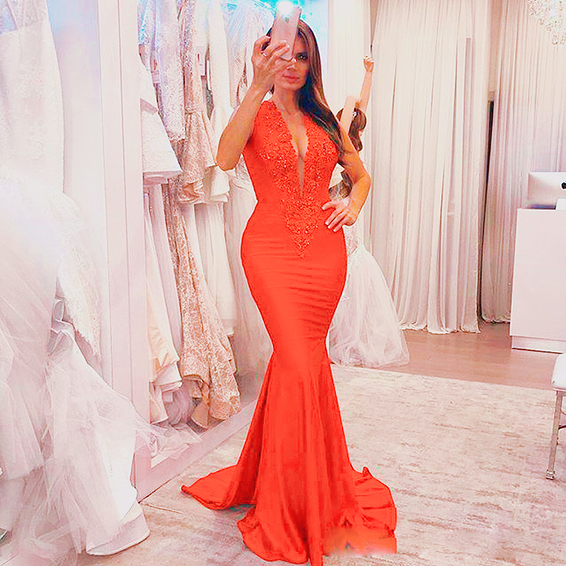 Sexy Deep V Neck Mermaid Evening Dresses Red Burgundy Appliques Beads Sleeveless Long Formal Evening Gowns Women Prom Party Dress Vestidos