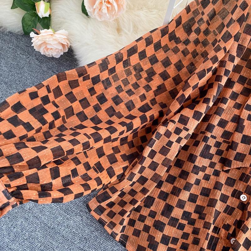 Women's Autumn New Blouse French Retro Bow O-Neck Long Sleeve Plaid Chiffon Shirts Women blusa PL488 210225