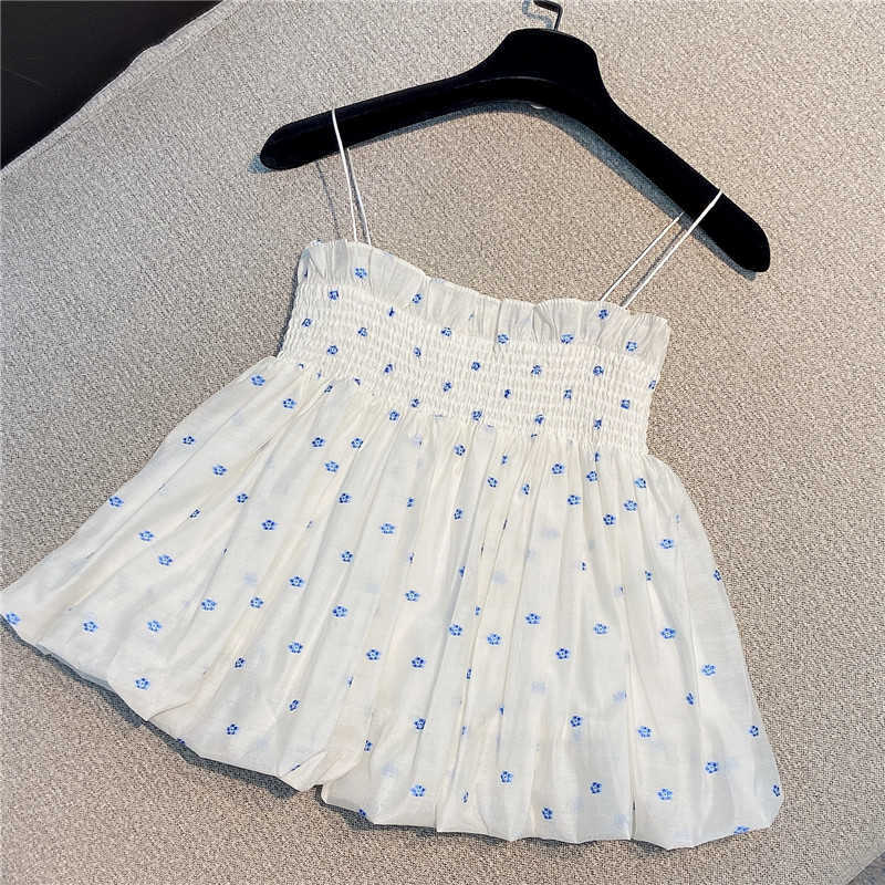 DEAT Women Printing Pleated Ruffles Sling Slim Camis Arrivals Sexy Fashion Temperament Spring Summer 11D439 210709