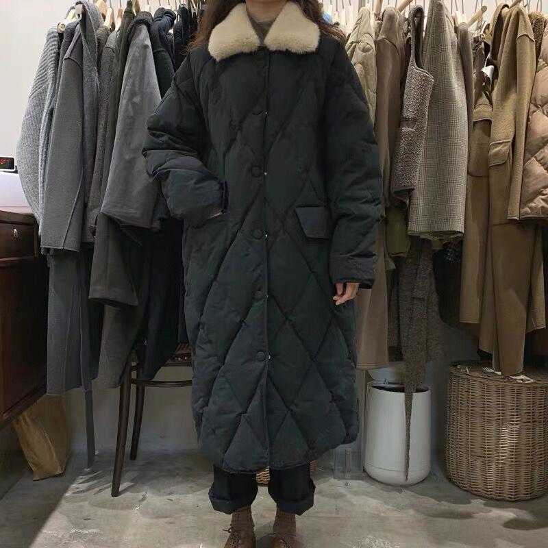 Winter Women Fur Collar Oversize Rhombus Pattern Long Parkas Pocket Female Warm Cotton Overcoat Single Breasted Outwears 211013
