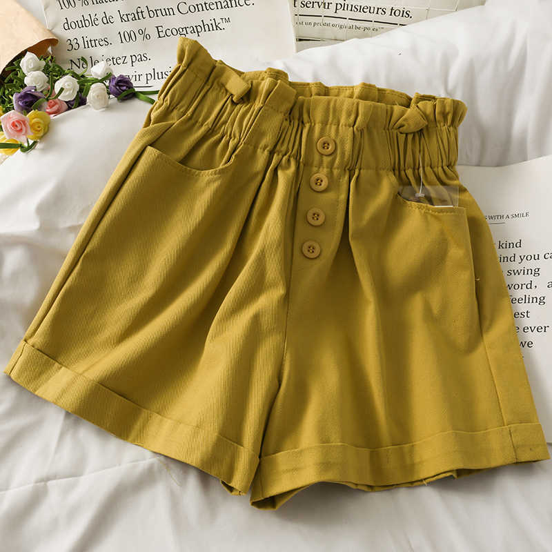 Korean Buttons Stretch High Waist Woman Shorts Causal Summer Wide Leg Short Pantalones Cortos De Mujer 6J260 210603