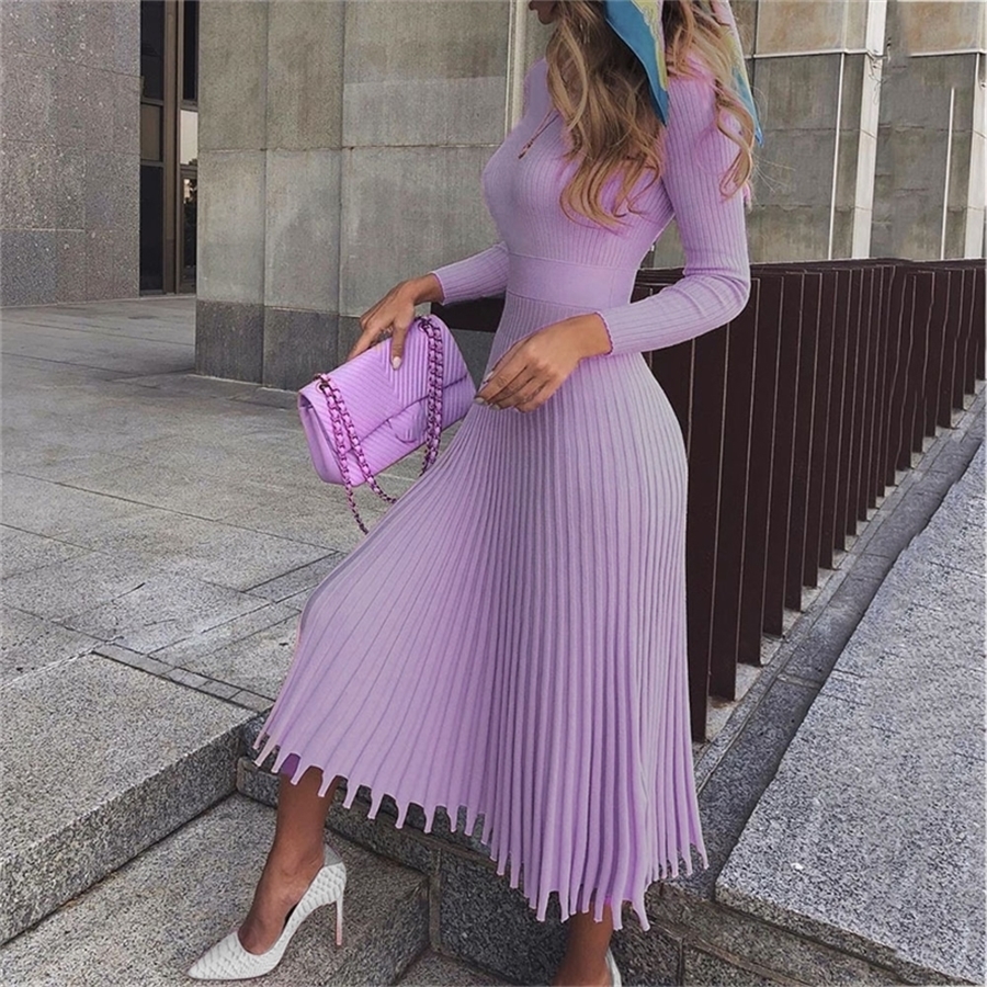 Elegant Party Pleated Sweater Dress Women Winter Autumn Pink Office Ladies Midi Knitted Vestido Sexy Slim Plus Size Dresses 201110