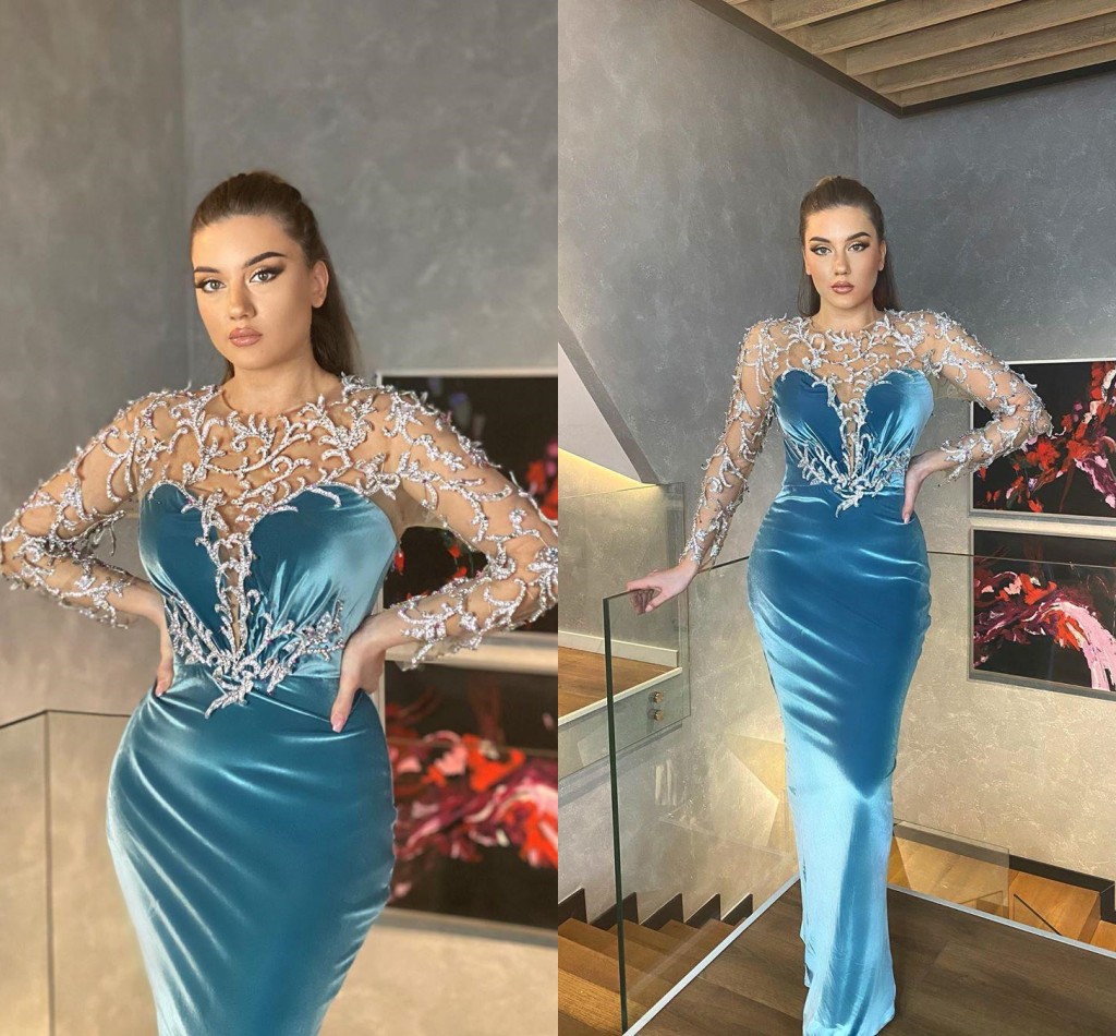 Arabic Aso Ebi Blue Luxurious Sexy Evening Dresses Beaded Crystals lace Velvet long sleeve Formal Party Second Reception prom Gowns