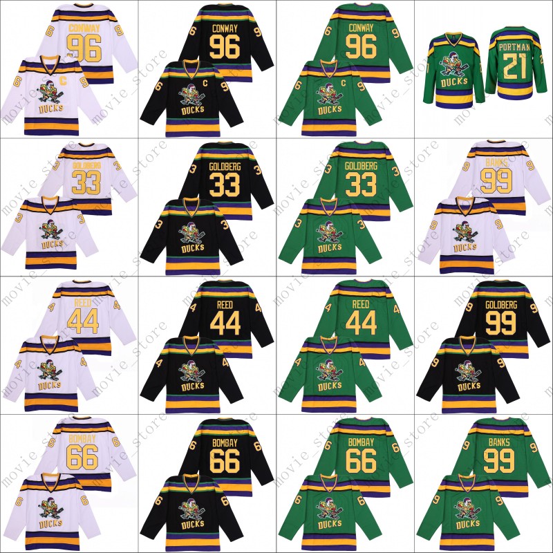 

The Mighty Ducks Jersey 96 Charlie Conway 33 Greg Goldberg 99 Adam Banks 66 Gordon Bombay 44 Fulton Reed 21 Dean Portman Movie Ice Hockey Jerseys Stitched, 99-3