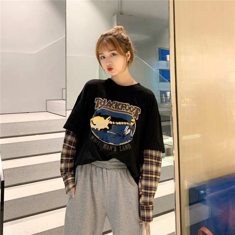 fashion Long Sleeve t-shirt Korean Simple oversized graphic tees Women shirts Leisure Plaid patchwork t shirt white black top 210310