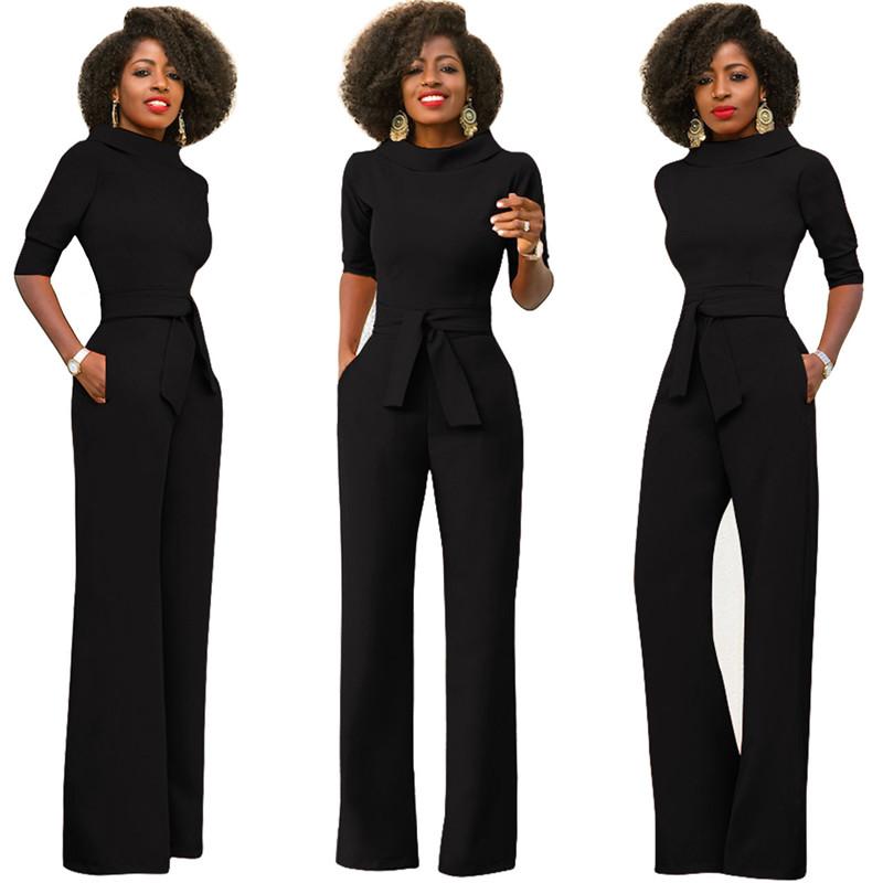 Women's Jumpsuits & Rompers Jumps Elegant Office Work Wear Business Formal 2021 Women Half Sleeve Pockets Wide Leg Pants Romper Fashion Over