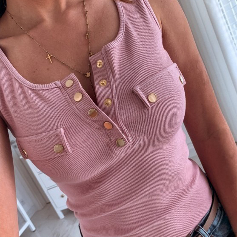 Summer Women's Tank Top Slim Fit Button Tops Solid Color Sexy Vest V-neck Casual Vest Sleeveless T Shirt Women Cotton Tank Tops 210308