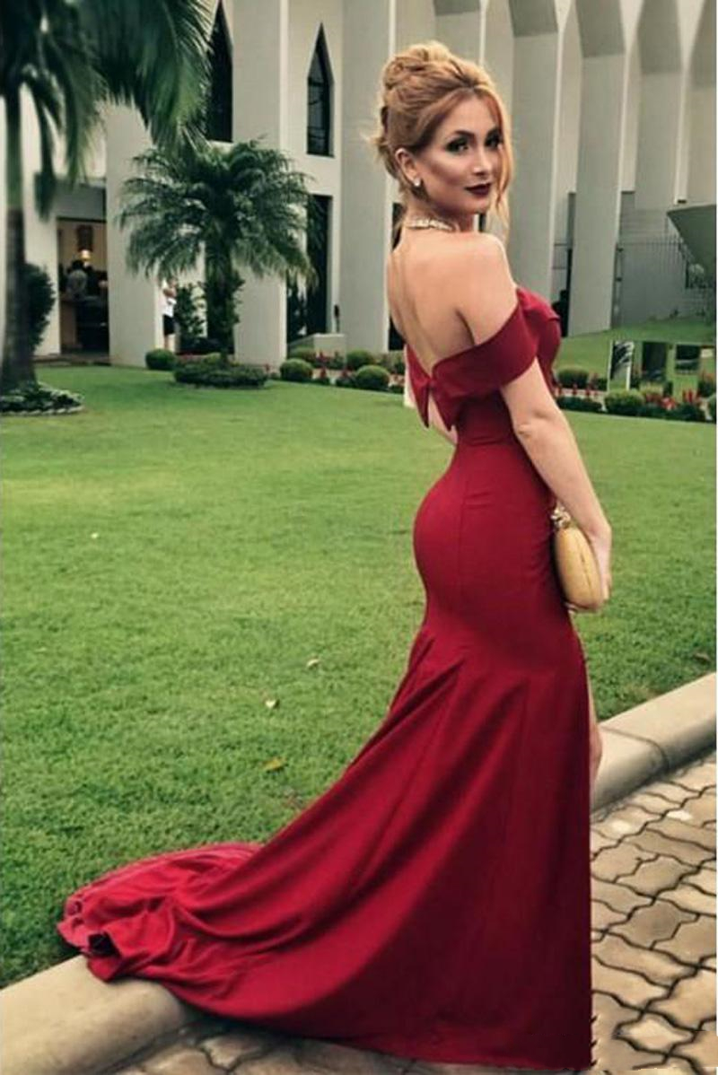 2021 Elegant Burgundy Mermaid Evening Dresses For Women Off Shoulder Simple Satin Long Engagement Dress Prom Party Gowns Robe de Soriee