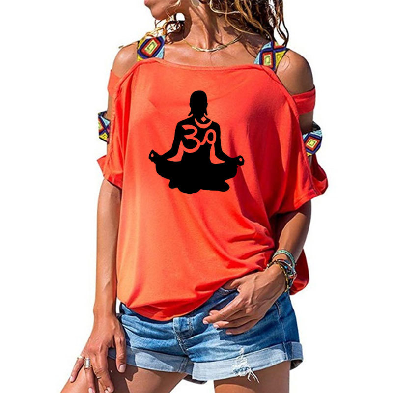 womens Short sleeve Om Aum Silhouette print T-shirt Summer Fashion clothing t shirt women's Sexy Hollow Out Shoulder shirt 210306