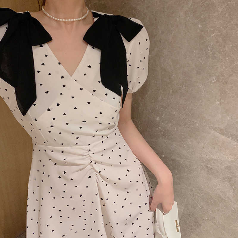 Love Printed White Dress Women Summer Bowtie Polka Dot Female Plus Size Party Sundress V Neck Mini Vestidos Mujer 210601