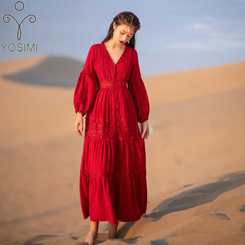 YOSIMI Summer Maxi Elegant Cotton and Linen Long Sleeve Women Dresses Lace V-neck Vintage Bohemian Female Red Dress 210604
YOSIMI Summer Maxi Elegant Cotton and Linen Long Sleeve Women Dresses Lace V-neck Vintage Bohemian Female Red Dress 210604