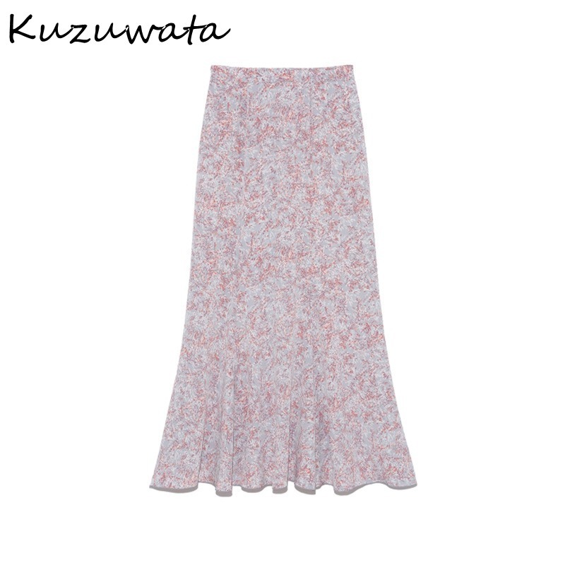 Kuzuwata Vintage High Waist Print Trumpet Skirt Spring Summer Simple Women Skirts Japan Style Elegant Temperament Jupe 210306