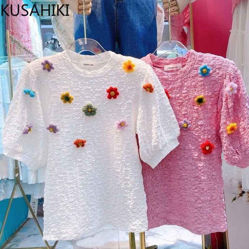 KUSAHIKI Korean 3D Flowers Graphic Tee Sweet Puff Sleeve O-neck Tshirt Spring Summer Women T Shirts 6G321 210602, Blue
KUSAHIKI Korean 3D Flowers Graphic Tee Sweet Puff Sleeve O-neck Tshirt Spring Summer Women T Shirts 6G321 210602, Blue