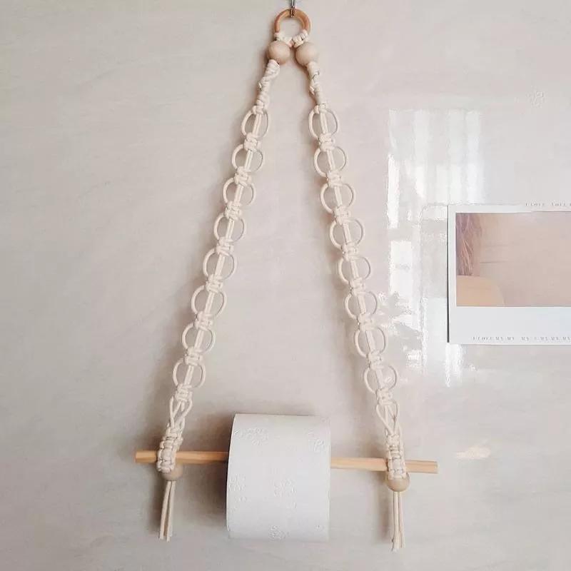 2Pcs Nordic Macrame Wall Hanging Wooden Stick Toilet Paper Holder Towel Hanger Decor