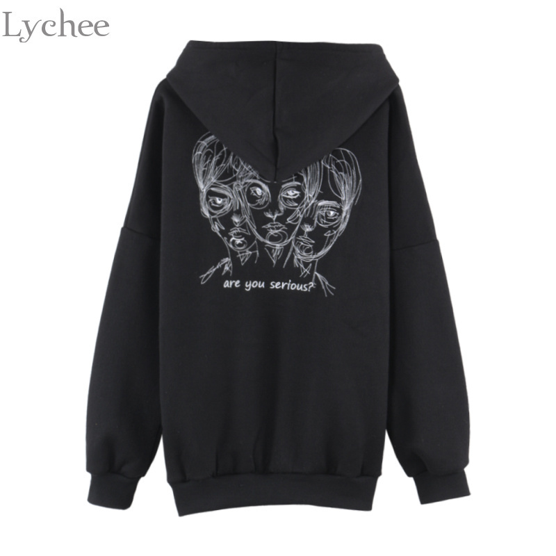 Lychee Harajuku Punk Autumn Winter Women Hooded Sweatshirt Head Embroidery Long Sleeve Casual Loose Fleece Hoodies Tracksuit 201030