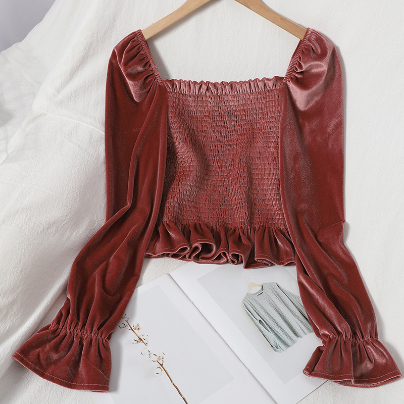 OCEANLOVE Korean Women Blouses and Tops Solid Sqaure Neck Vintage Short Shirts Elegant Autumn Velour Blusas Slim Ruffles 18434 210225