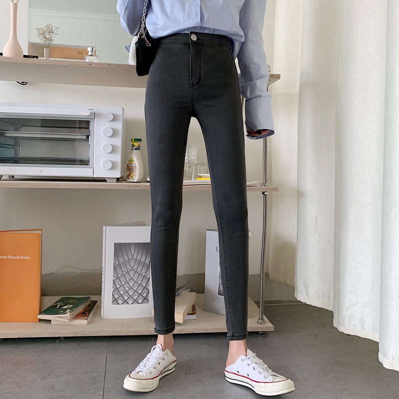 Tonglord Women's Stretch High Waist Jeans Autumn Skinny Trousers Woman Black Blue Gray Washed Pencil Pants Elastic Denim Pants 210222