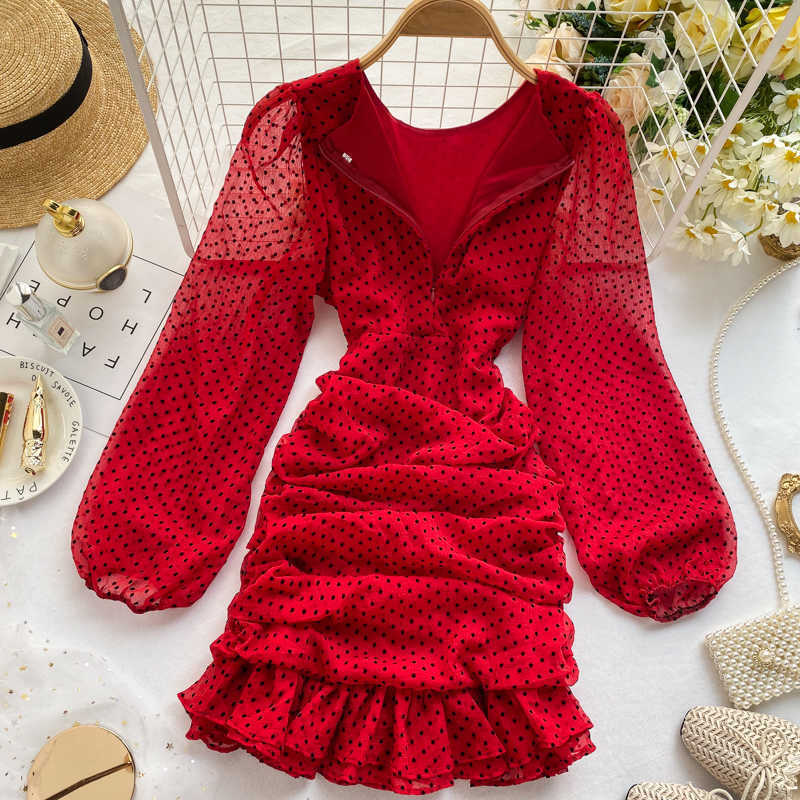 DEAT Women Spring Autumn Long Puff Sleeve Polka Dot Folds Waist Slim Ruffles Fashion Temperament Dress MI156 210709