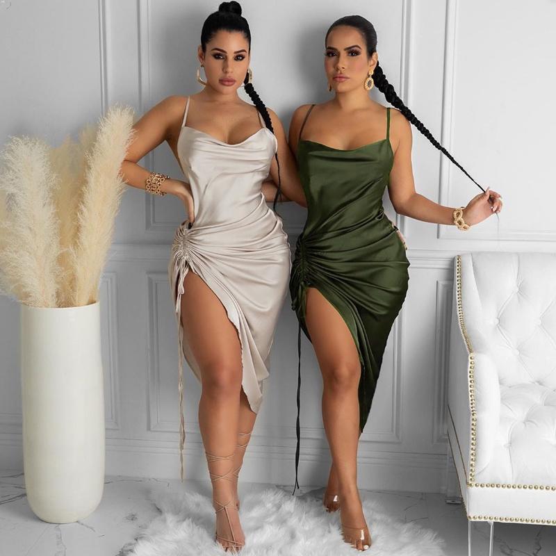 Casual Dresses 2021 Women Satin Summer Dress Drawstring Spaghetti Straps Cowl Neck Backless Solid Long For Sexy Elegant Vestidos