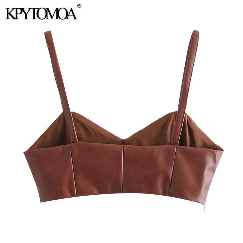 KPYTOMOA Women Sexy Fashion Faux Leather Cropped Tank Top Vintage Backless Side Zipper Thin Straps Female Camis Chic Tops 210308