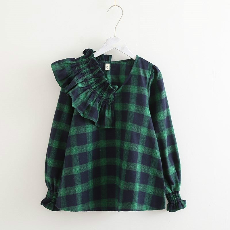 KYQIAO women's plaid shirt mori girls autumn spring v neck puff corrugated edge long-sleeved green red blue plaid blouse 210225