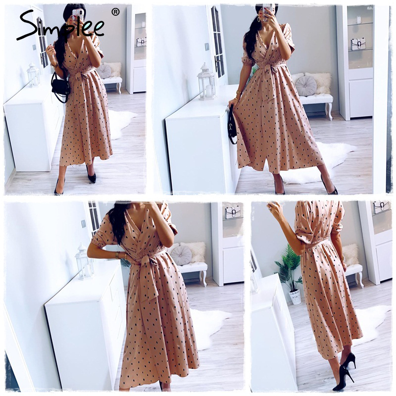 Simplee Polka dot women wrap dress Elegant puff sleeve a line v neck sash party dress Wrap work wear streetwear retro maxi dress 210309