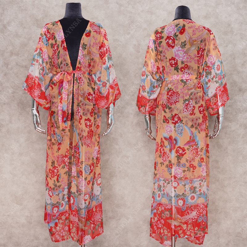 2021 Bohemian Printed Summer Beach Wrap Dress Women Beachwear Cotton Tunic Chinese Style Sexy Front Open Kimono Dress Pareo N751 210225