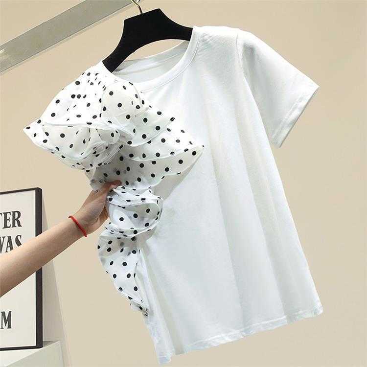 Summer Patchwork Wave Point Ruffles Cotton Black White Solid O Neck T-shirt Women' Loose Tops 210615
Summer Patchwork Wave Point Ruffles Cotton Black White Solid O Neck T-shirt Women' Loose Tops 210615