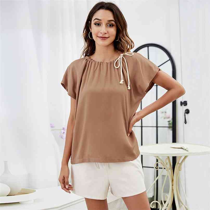 

O Neck Solid Color Short Sleeve Tops Summer Loose Urban Casual Women Commute Simplicity Pleated Drawstring T-shirt 210603, Khaki