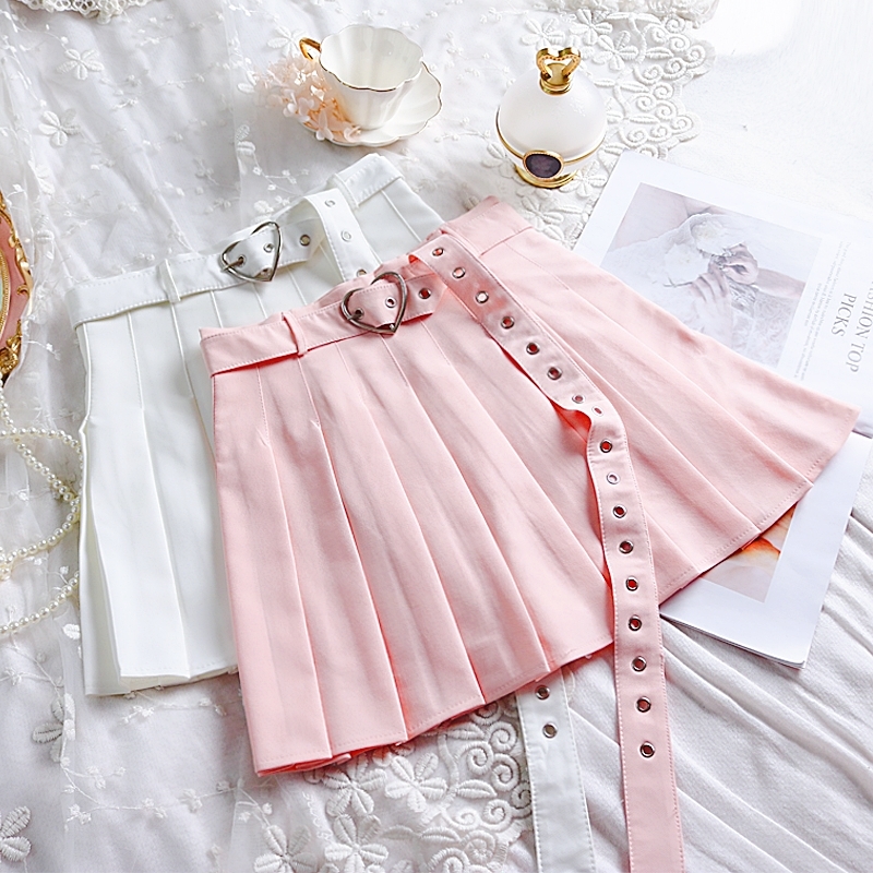 New Summer Women Pleated Skirt High Waisted Heart Shape Sashes Women Pleated Short Skirt High Quality 210309
