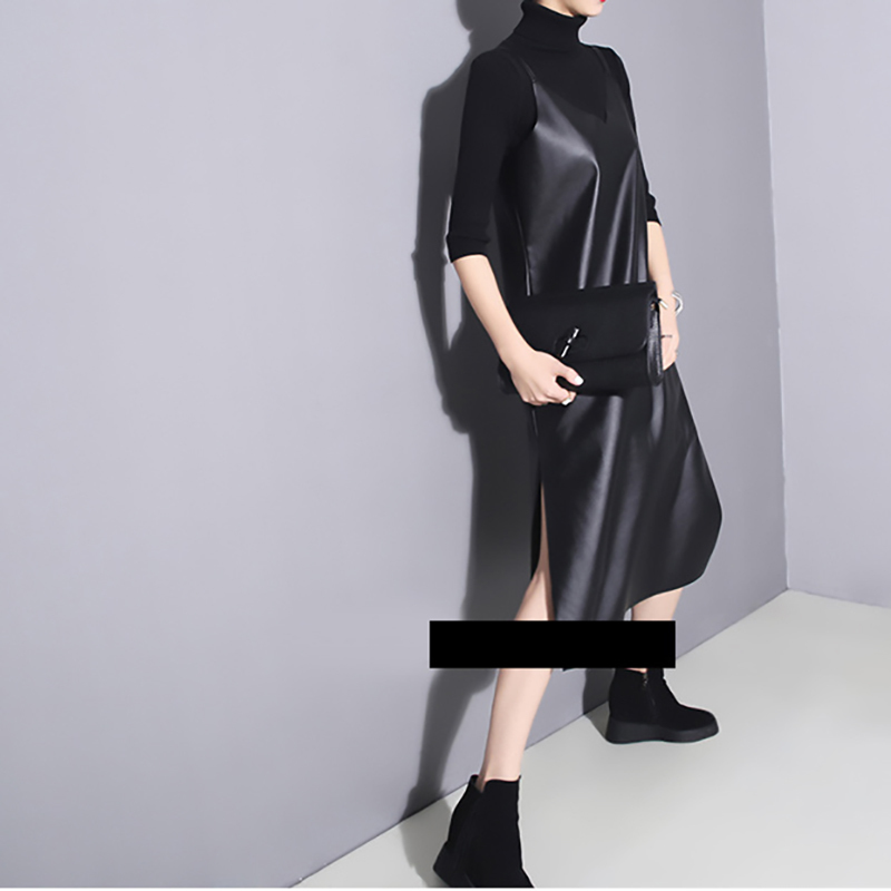 EAM Spring Summer Strapless Sleeveless Black Pu Leather Loose Brief Dres Fashion Allmatch JO287 210309