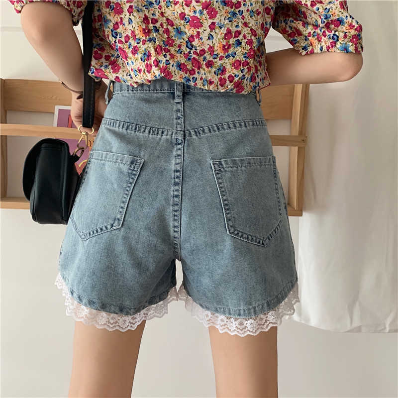Korean Beads Women Demin Short Lace Ruffle Patchwork Sweet Elegant Bottoms Summer Jenas Feminimos 6G290 210603