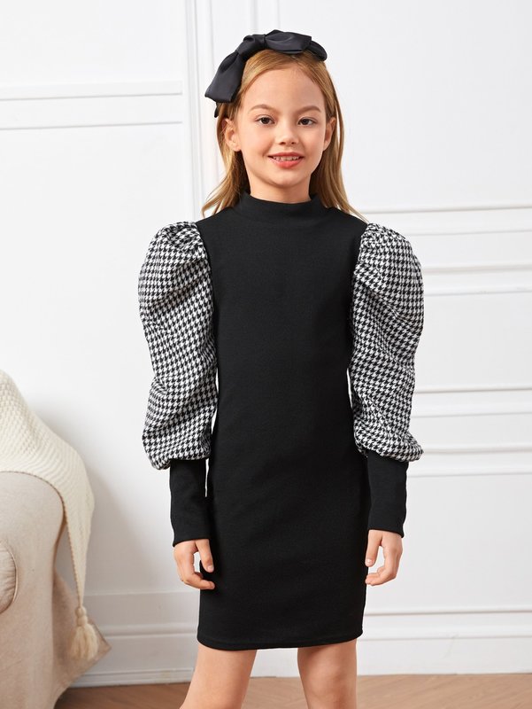 Girls Contrast Houndstooth Puff Sleeve Dress Without Belt SHE
