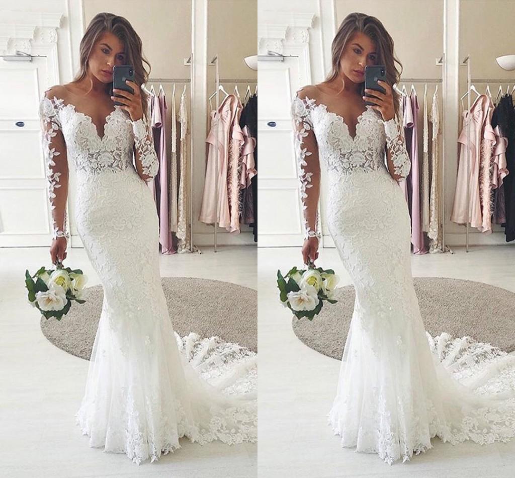 Gorgeous Lace Dresses Applique Mermaid Scoop Neck Long Sleeves Sweep Train Custom Made Beach Wedding Bridal Gown Vestido De Novia
