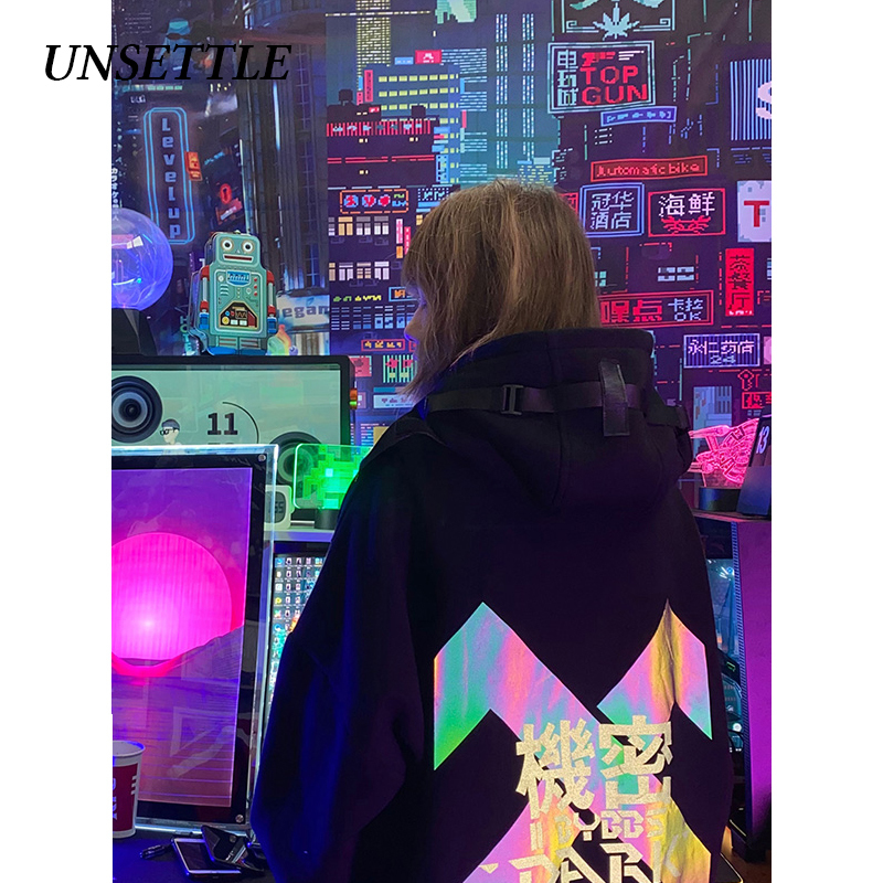 Autumn Japanese Laser Reflection Harajuku Pocket Hip Hop Vintage Streetwear Sweatshirts Aesthetic Oversized Hoodie Women Tops 201204